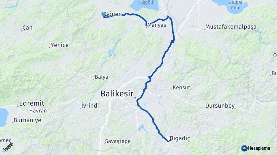 Balıkesir Gönen Bigadiç Arası Kaç Km - Yol Haritası