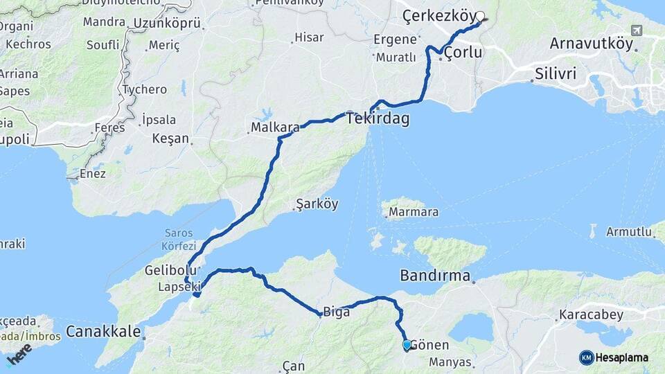 Balıkesir Gönen Çerkezköy Tekirdağ Arası Kaç Km - Yol Haritası