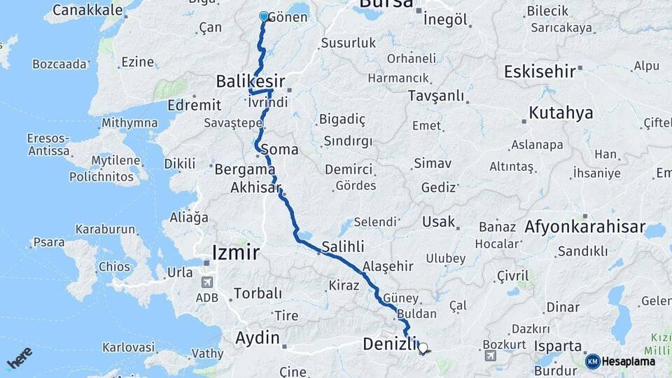 Balıkesir Gönen Denizli Arası Kaç Km - Yol Haritası