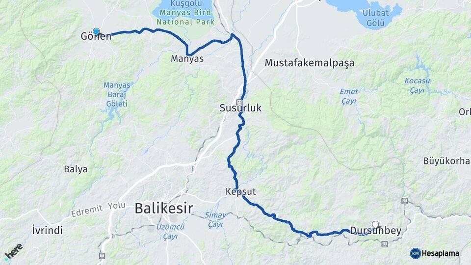 Balıkesir Gönen Dursunbey Arası Kaç Km - Yol Haritası