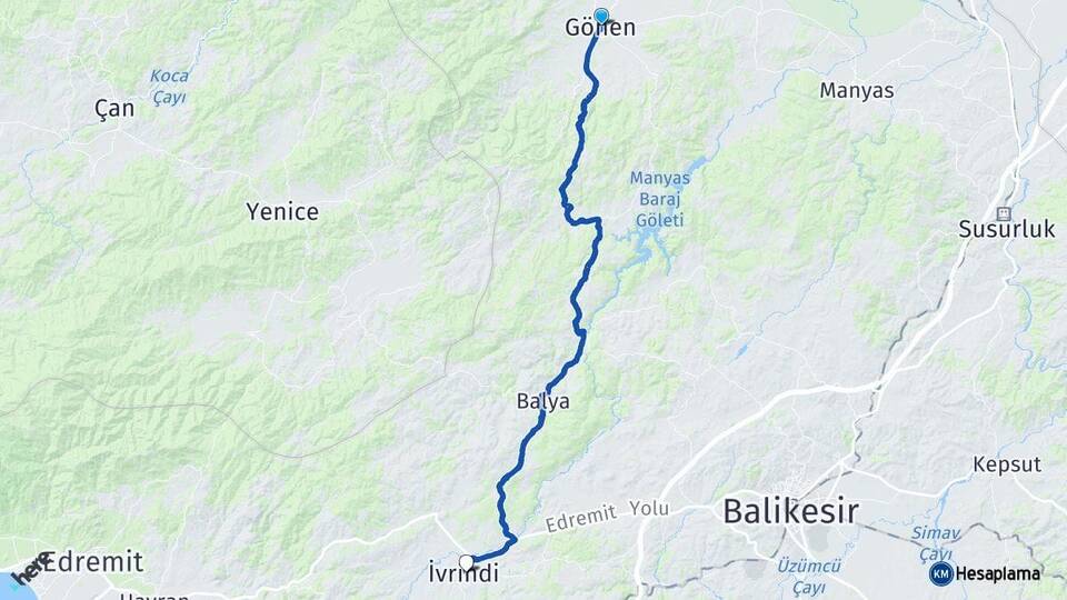 Balıkesir Gönen İvrindi Arası Kaç Km - Yol Haritası