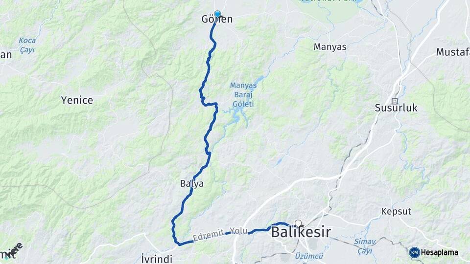 Balıkesir Gönen Karesi Arası Kaç Km - Yol Haritası