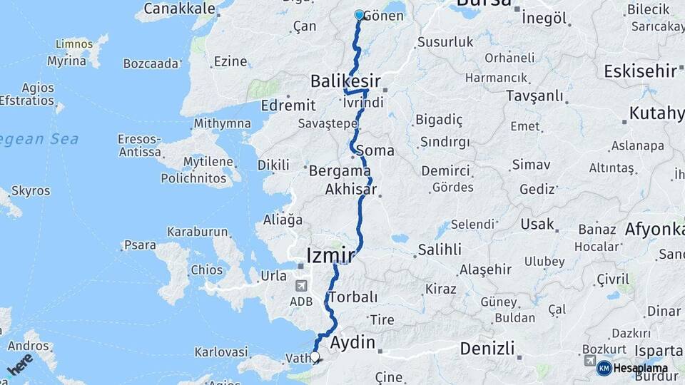 Balıkesir Gönen Kuşadası Aydın Arası Kaç Km - Yol Haritası