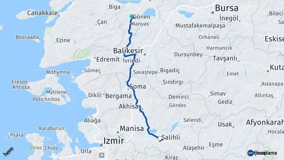 Balıkesir Gönen Salihli Manisa Arası Kaç Km - Yol Haritası