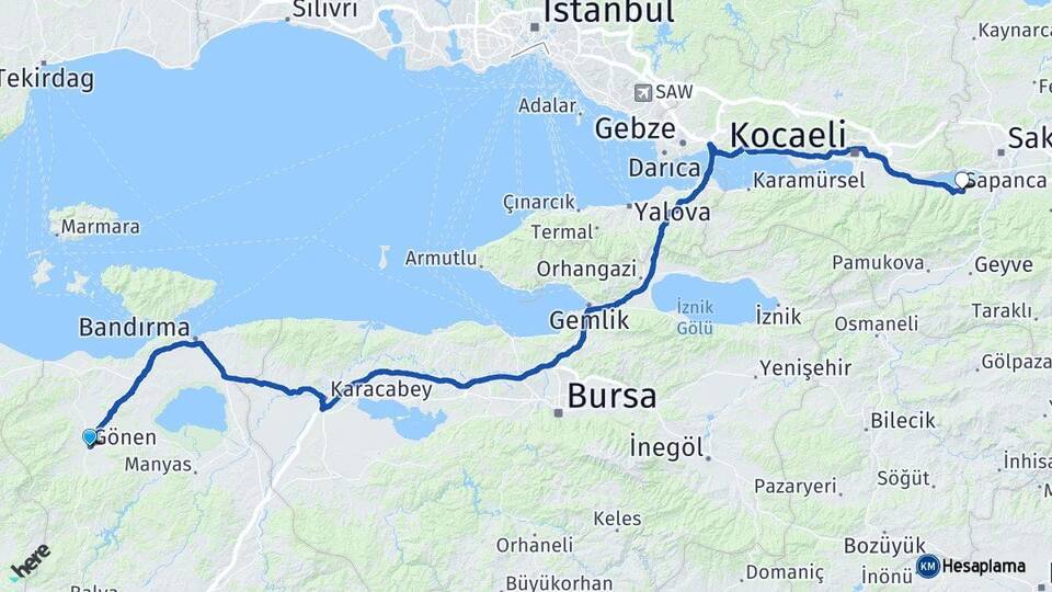 Balıkesir Gönen Sapanca Sakarya Arası Kaç Km - Yol Haritası