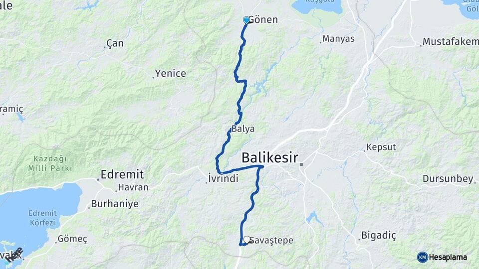 Balıkesir Gönen Savaştepe Arası Kaç Km - Yol Haritası