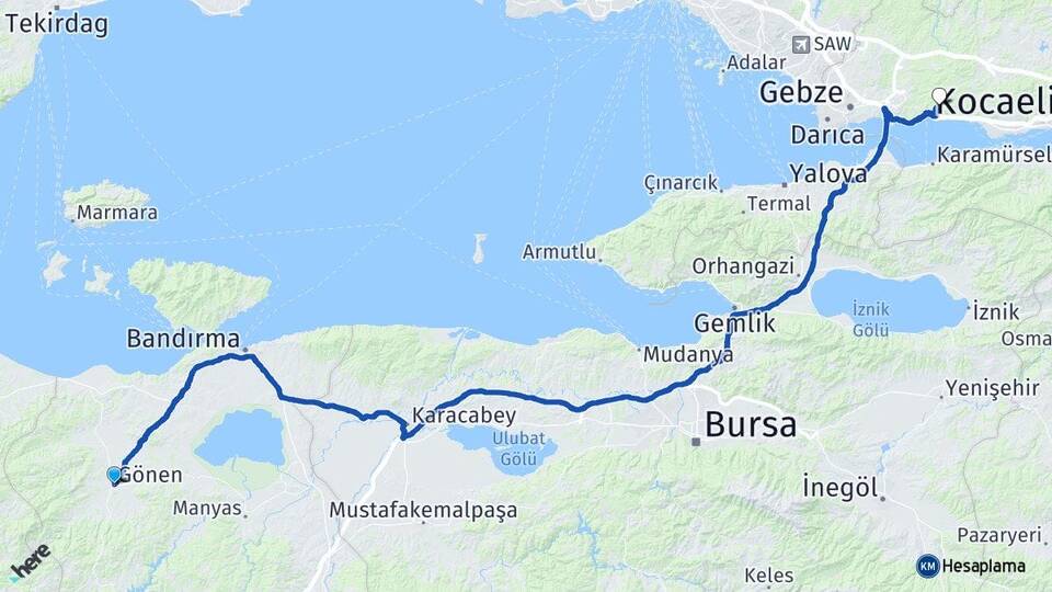 Balıkesir Gönen Yukarı Hereke Körfez Kocaeli Arası Kaç Km - Yol Haritası