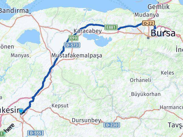 Balıkesir Gürsu Bursa Arası Kaç Km - Yol Haritası