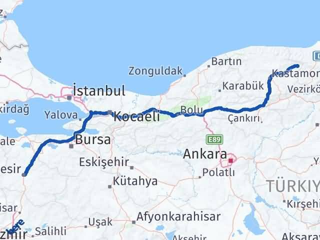 Balıkesir Hanönü Kastamonu Arası Kaç Km - Yol Haritası