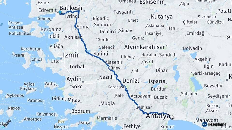 Balıkesir Havran Antalya Arası Kaç Km - Yol Haritası