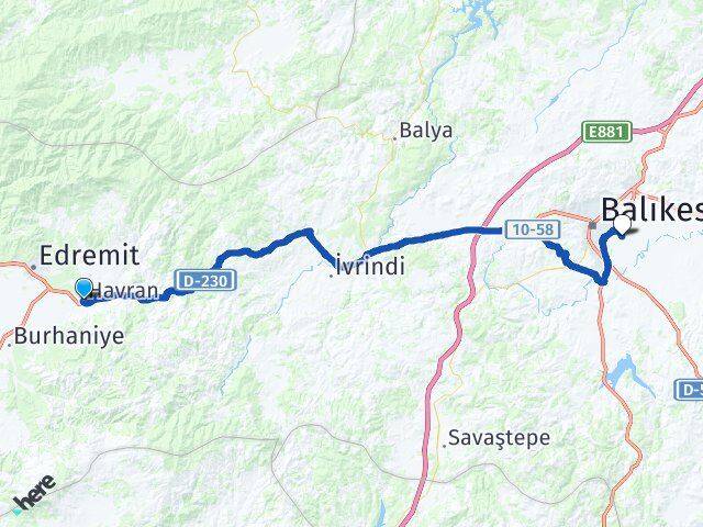 Balıkesir Havran Balıkesir Merkez Havalimanı Arası Kaç Km - Yol Haritası