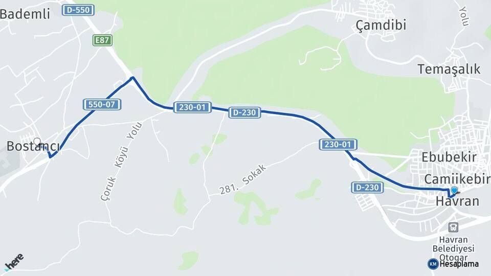 Balıkesir Havran Bostancı Edremit Arası Kaç Km - Yol Haritası