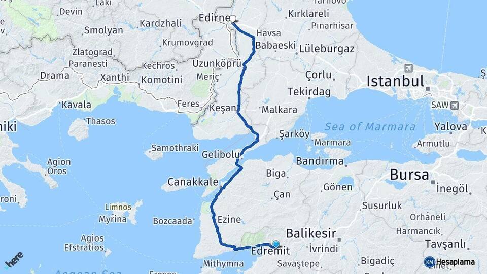 Balıkesir Havran Edirne Arası Kaç Km - Yol Haritası