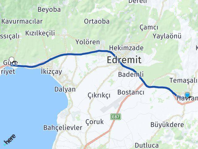 Balıkesir Havran Güre Edremit Arası Kaç Km - Yol Haritası