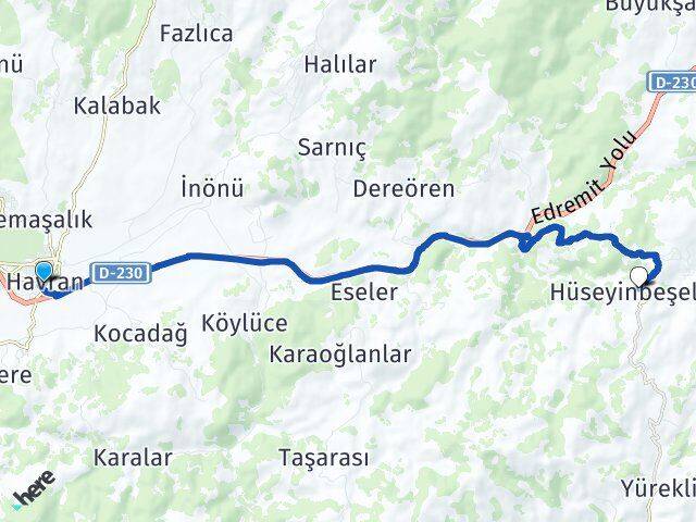 Balıkesir Havran Hüseyinbeşeler Havran Arası Kaç Km - Yol Haritası