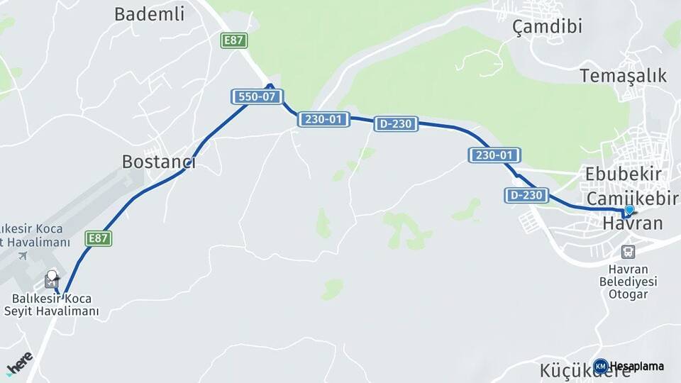 Balıkesir Havran Koca Seyit Havalimanı Arası Kaç Km - Yol Haritası