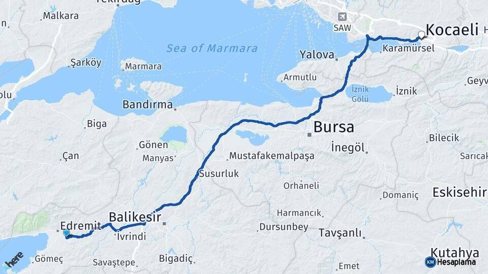 Balıkesir Havran Kocaeli Arası Kaç Km - Yol Haritası