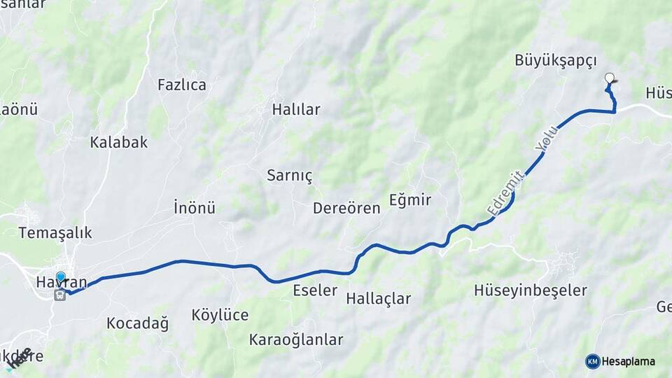 Balıkesir Havran Küçükşapçı Havran Arası Kaç Km - Yol Haritası