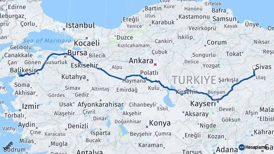Balıkesir Havran Sivas Arası Kaç Km - Yol Haritası