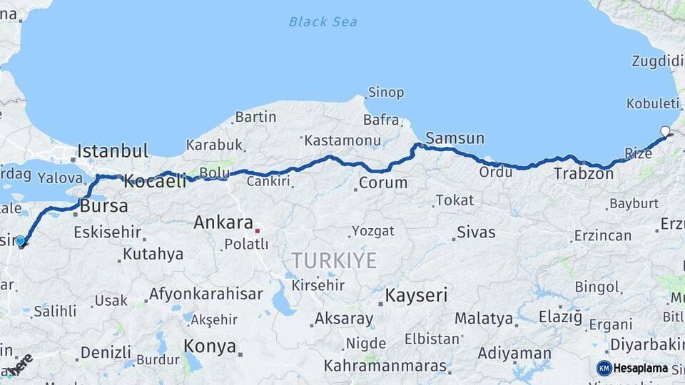 Balıkesir Hopa Artvin Arası Kaç Km - Yol Haritası