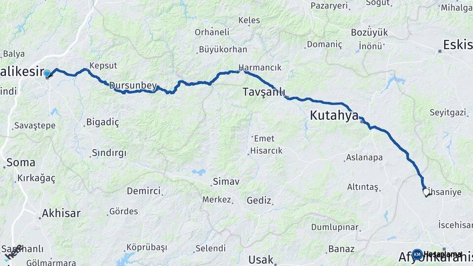 Balıkesir İhsaniye Afyonkarahisar Arası Kaç Km - Yol Haritası