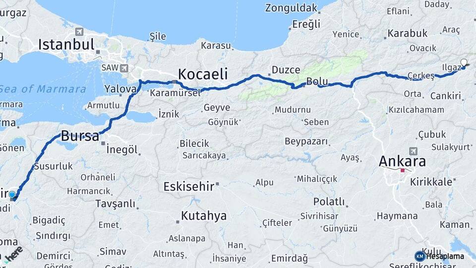Balıkesir Ilgaz Çankırı Arası Kaç Km - Yol Haritası