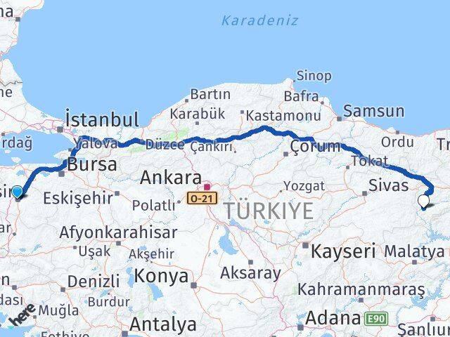 Balıkesir İliç Erzincan Arası Kaç Km - Yol Haritası