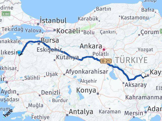 Balıkesir İncesu Kayseri Arası Kaç Km - Yol Haritası