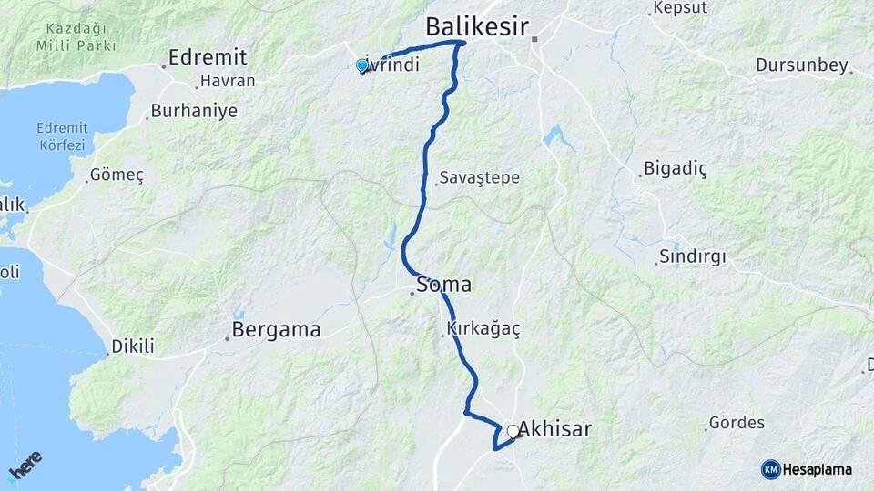 Balıkesir İvrindi Akhisar Manisa Arası Kaç Km - Yol Haritası