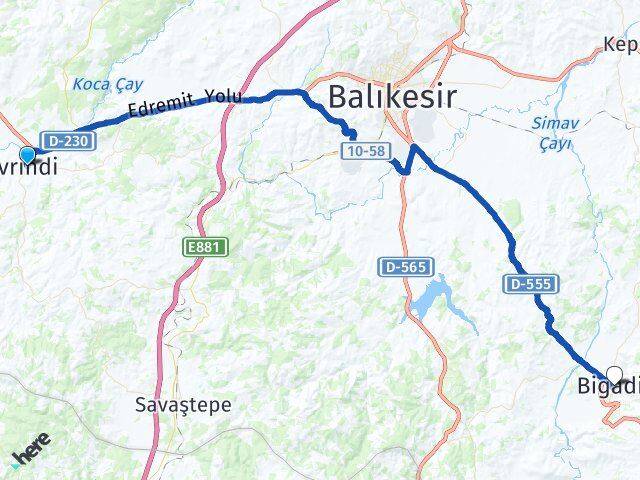 Balıkesir İvrindi Bigadiç Arası Kaç Km - Yol Haritası
