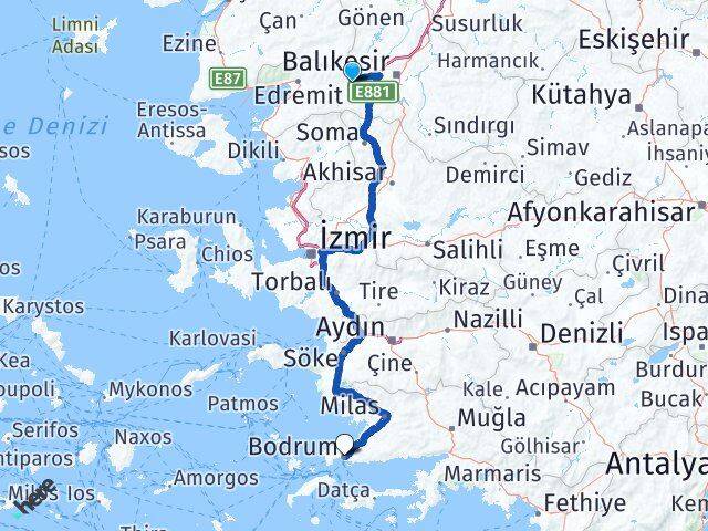 Balıkesir İvrindi Bodrum Muğla Arası Kaç Km - Yol Haritası