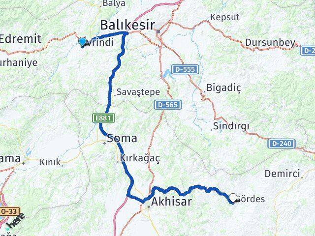 Balıkesir İvrindi Gördes Manisa Arası Kaç Km - Yol Haritası