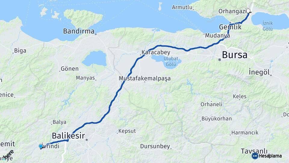 Balıkesir İvrindi Orhangazi Bursa Arası Kaç Km - Yol Haritası