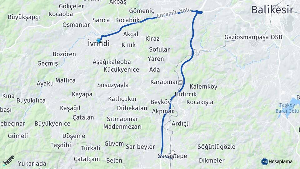 Balıkesir İvrindi Savaştepe Arası Kaç Km - Yol Haritası