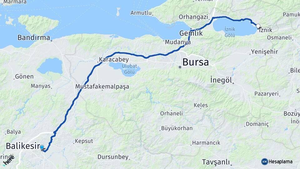 Balıkesir İznik Bursa Arası Kaç Km - Yol Haritası