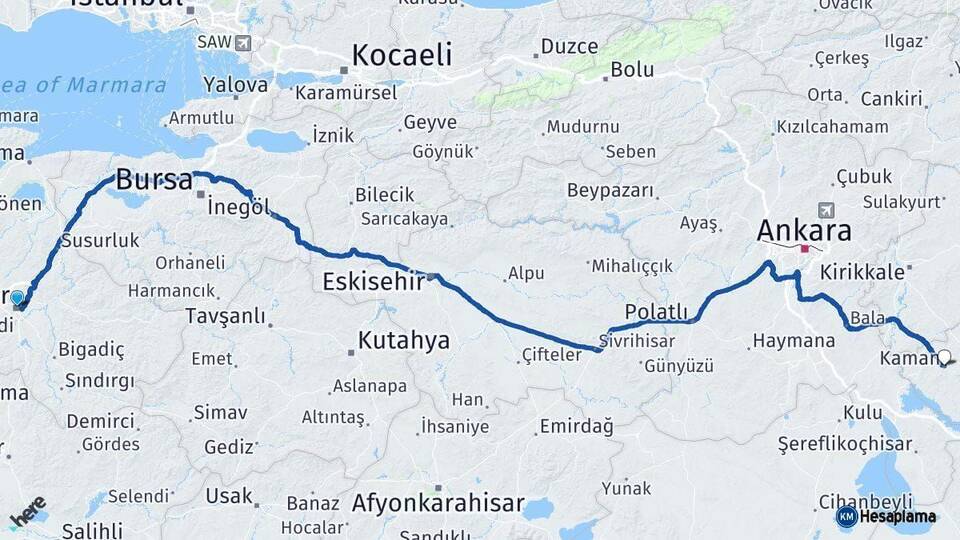 Balıkesir Kaman Kırşehir Arası Kaç Km - Yol Haritası