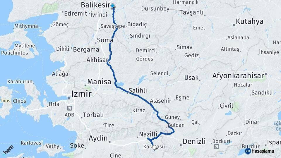 Balıkesir Karacasu Aydın Arası Kaç Km - Yol Haritası