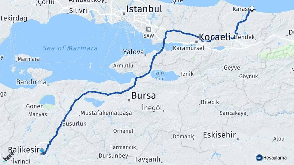Balıkesir Karasu Sakarya Arası Kaç Km - Yol Haritası