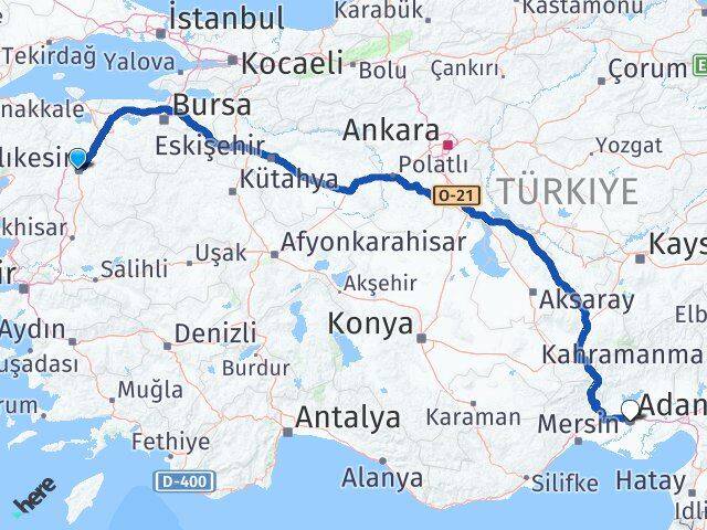 Balıkesir Karesi Adana Arası Kaç Km - Yol Haritası
