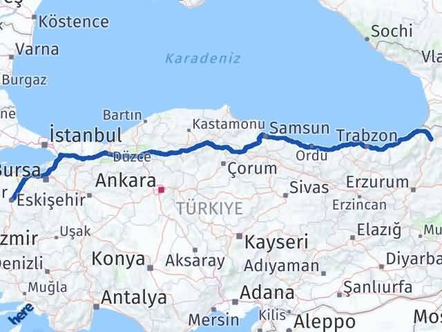 Balıkesir Karesi Artvin Arası Kaç Km - Yol Haritası