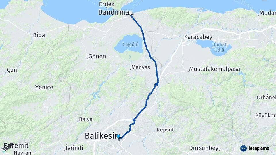 Balıkesir Karesi Bandırma Arası Kaç Km - Yol Haritası