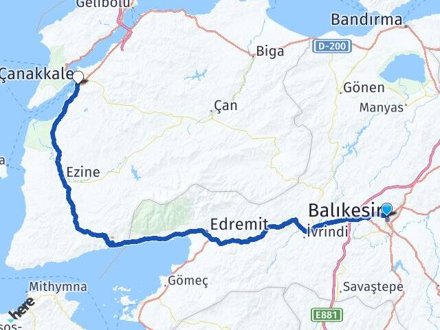 Balıkesir Karesi Barbaros Çanakkale Arası Kaç Km - Yol Haritası