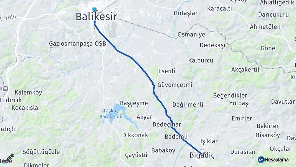 Balıkesir Karesi Bigadiç Arası Kaç Km - Yol Haritası