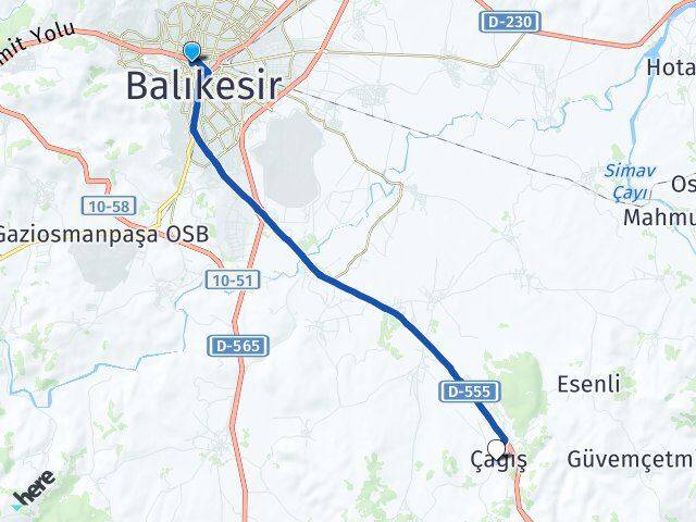 Balıkesir Karesi Çağış Bigadiç Arası Kaç Km - Yol Haritası