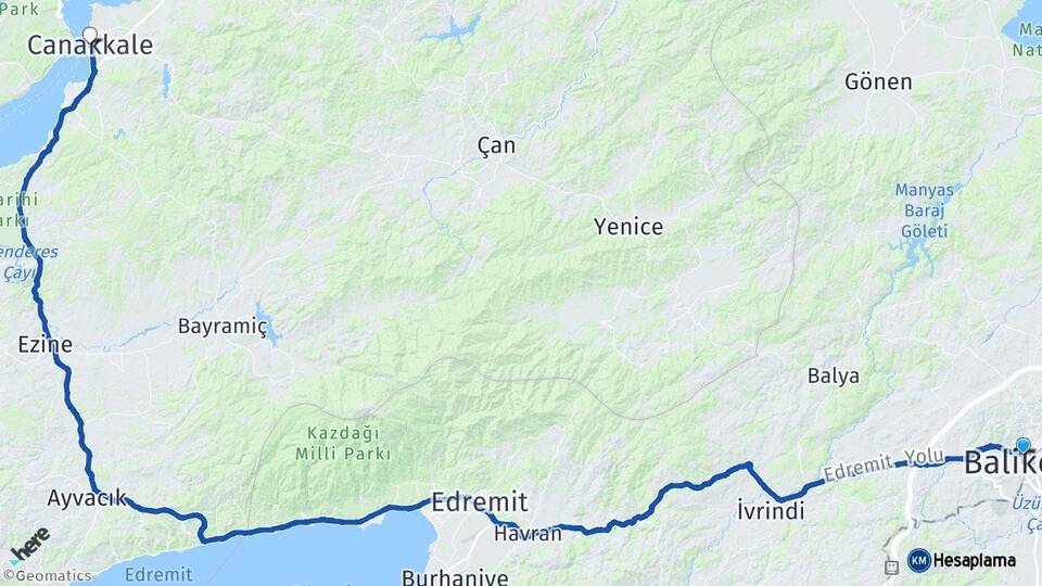 Balıkesir Karesi Çanakkale Arası Kaç Km - Yol Haritası