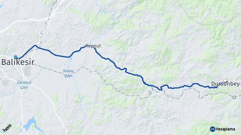 Balıkesir Karesi Dursunbey Arası Kaç Km - Yol Haritası