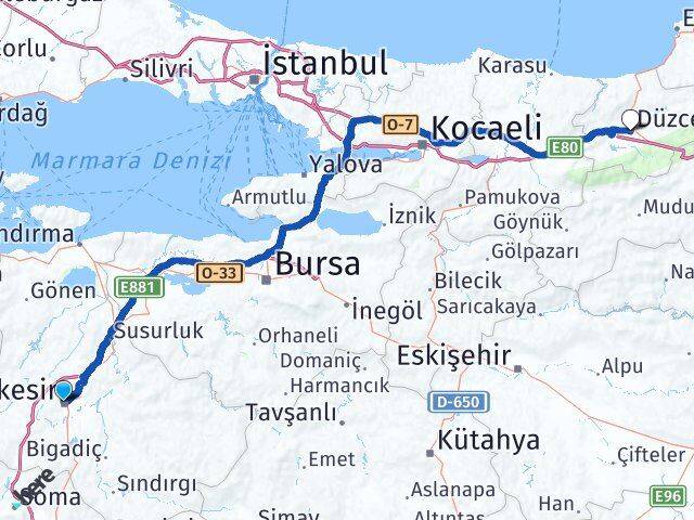Balıkesir Karesi Düzce Arası Kaç Km - Yol Haritası
