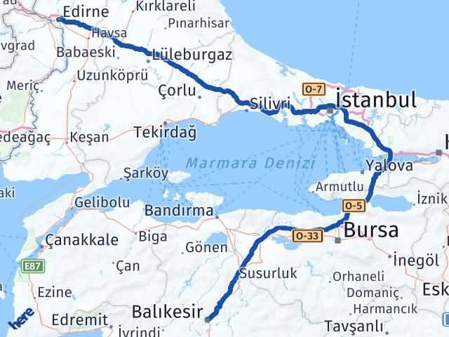 Balıkesir Karesi Edirne Arası Kaç Km - Yol Haritası