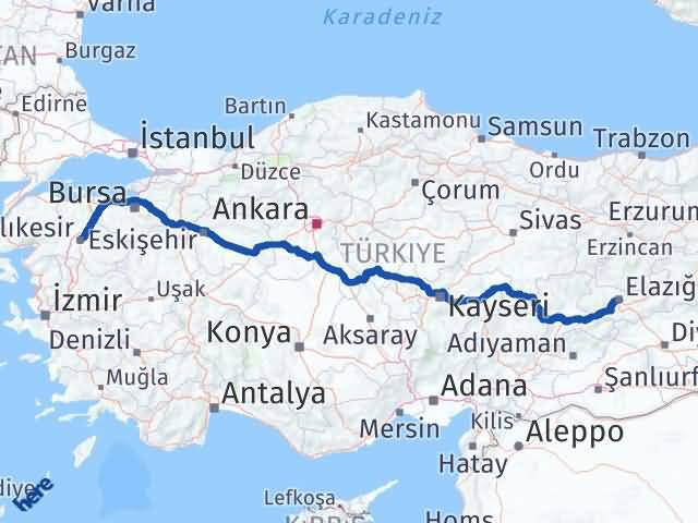 Balıkesir Karesi Elazığ Arası Kaç Km - Yol Haritası