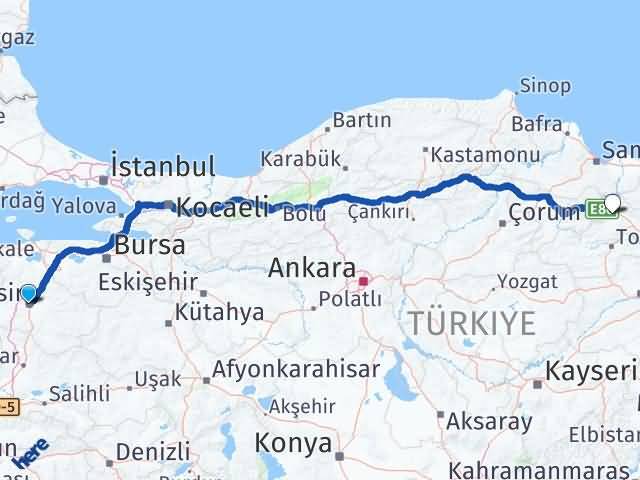 Balıkesir Karesi Erbaa Tokat Arası Kaç Km - Yol Haritası
